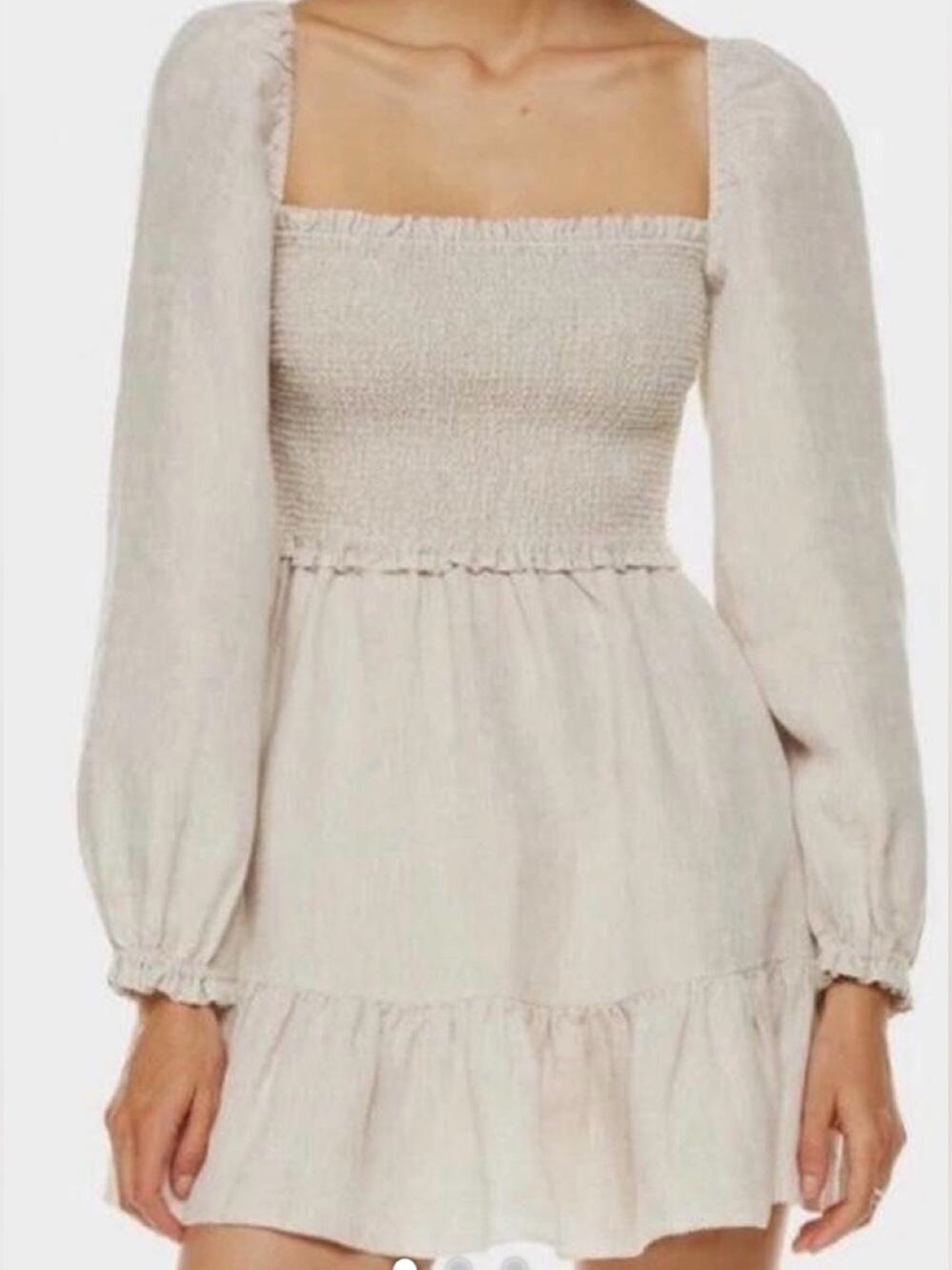 Aritzia Wilfred Tempest Organic Linen Milkmaid Boho Smocked Mini Dress Small